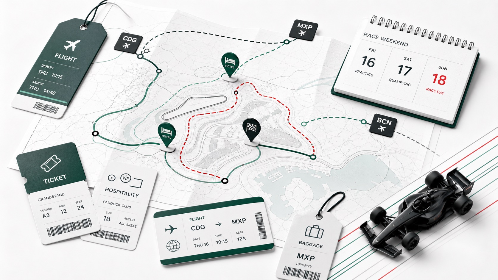 Abstract race weekend travel atlas with route, ticket, flight and hotel elements